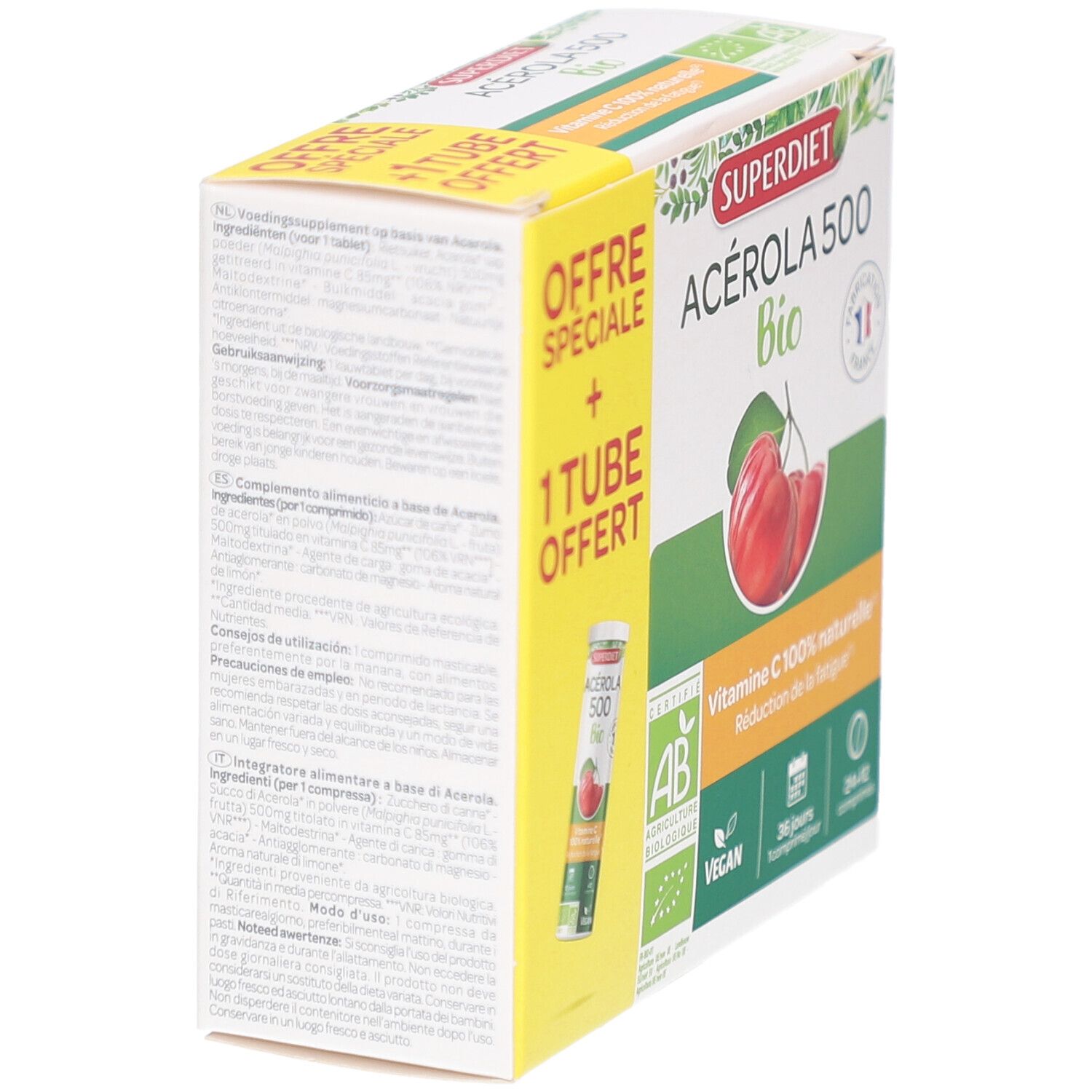 Seitenansicht der Superdiet Acérola 500 Bio Verpackung. Mit Texten in mehreren Sprachen. Enthält eine Tube.