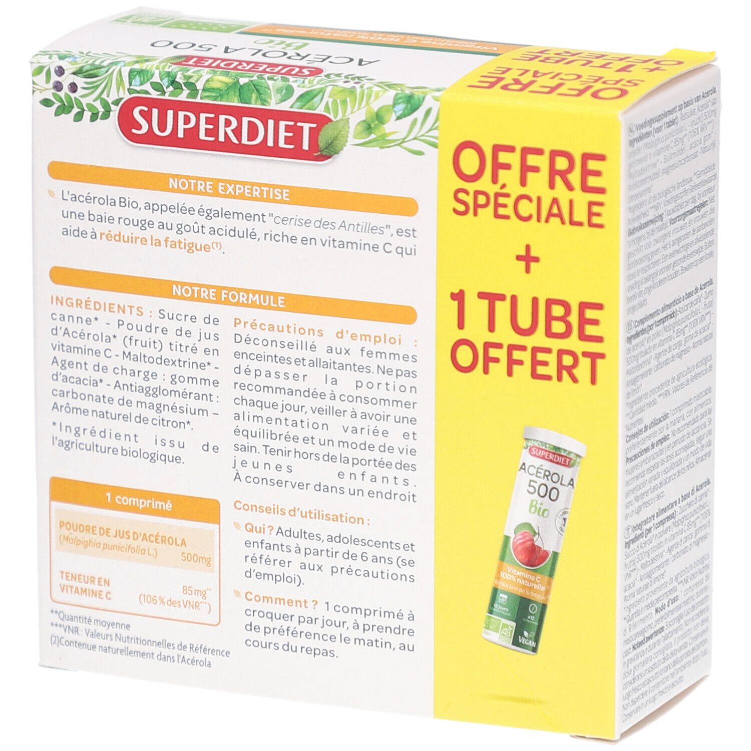 Rückseite der Superdiet Acérola 500 Bio Verpackung. Text über Inhaltsstoffe und Anwendung. Mit Tube.
