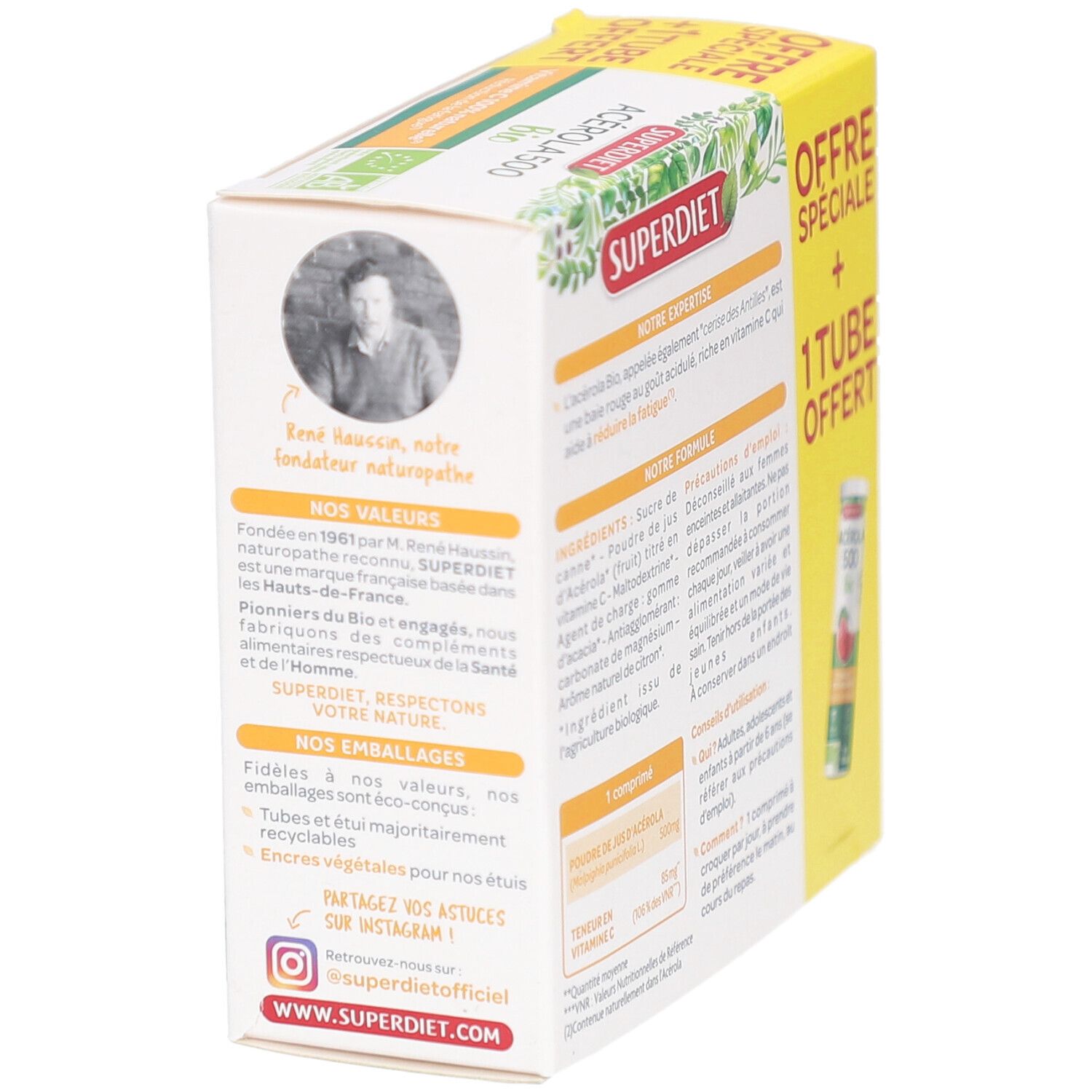 Seite der Superdiet Acérola 500 Bio Verpackung. Informationen über das Unternehmen. Mit Tube.