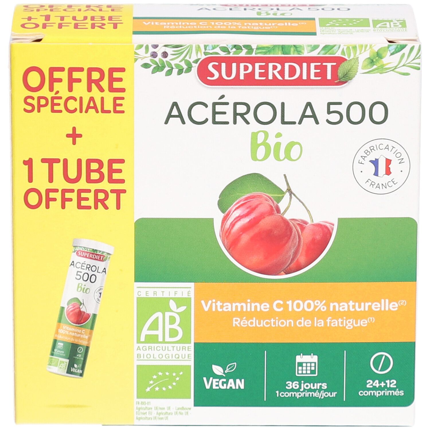 Superdiet Acérola 500 Bio Verpackung mit Tube. Aufdrucke: AB-Zertifizierung, Vegan, 36 Tage, Vitamin C. Abbildung von Kirschen.