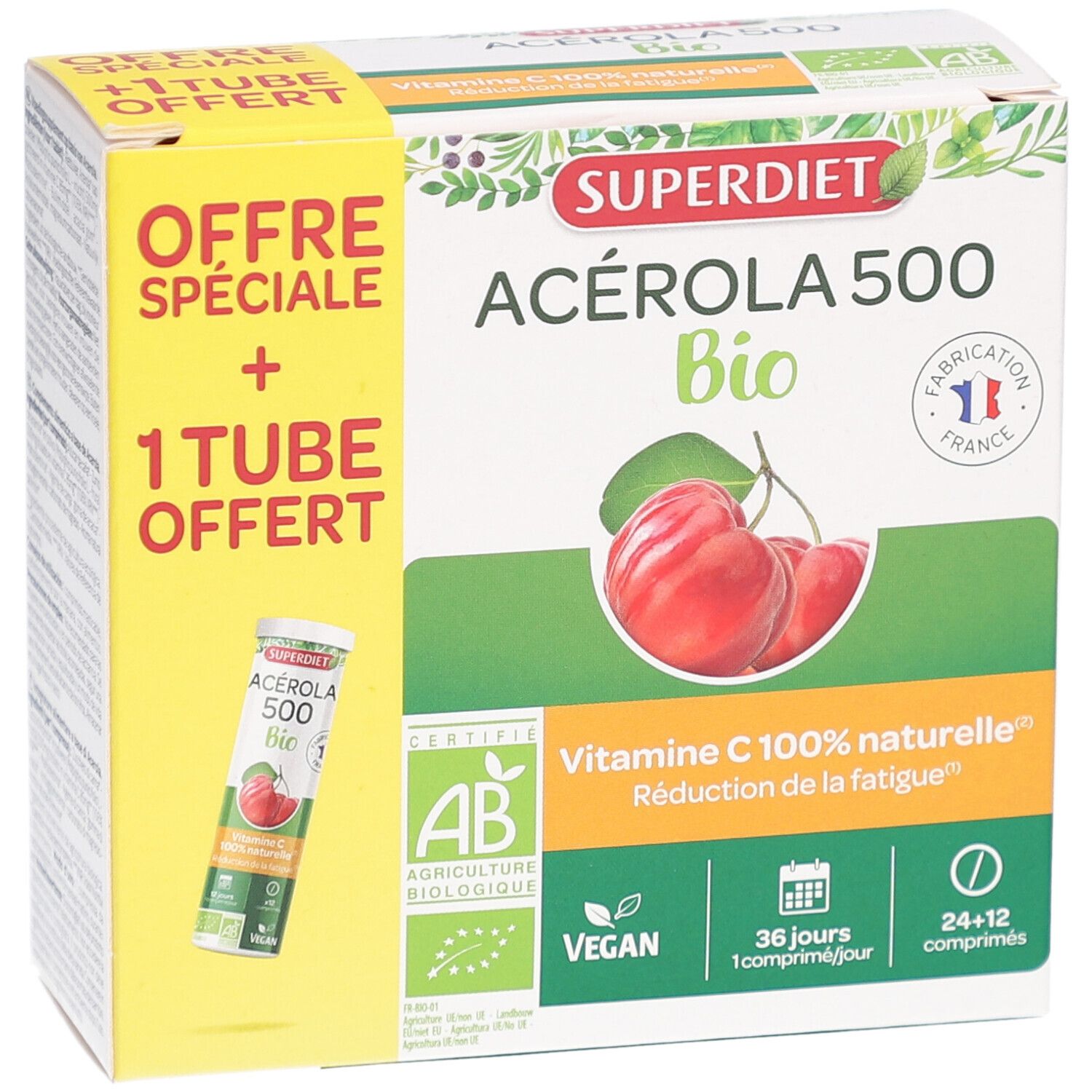Superdiet Acérola 500 Bio Verpackung mit Tube. Aufdrucke: AB-Zertifizierung, Vegan, 36 Tage, Vitamin C. Abbildung von Kirschen.