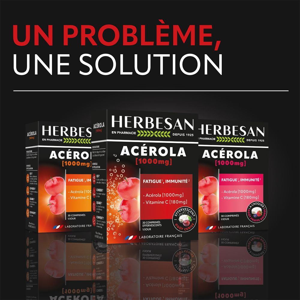 Trois boîtes Herbesan® Acerola 1000 Brause. Fond noir. Nom du produit et logo. Texte: Acerola, 1000mg, Fatigue, Immunité.