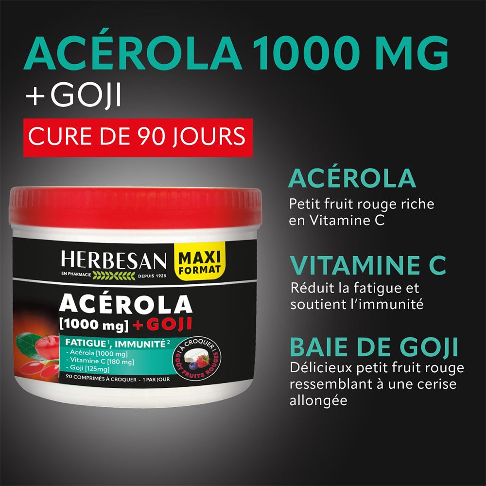 Herbesan® Acerola 1000 mg + Goji. Pot rouge. Texte sur Acerola, Vitamine C et Goji. Cure de 90 jours.