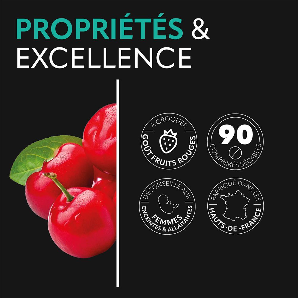 Cerises rouges et feuilles. Logos: 'A croquer', '90 comprimés', 'Déconseillé aux femmes enceintes & allaitantes', 'Fabriqué dans les Hauts-de-France'.