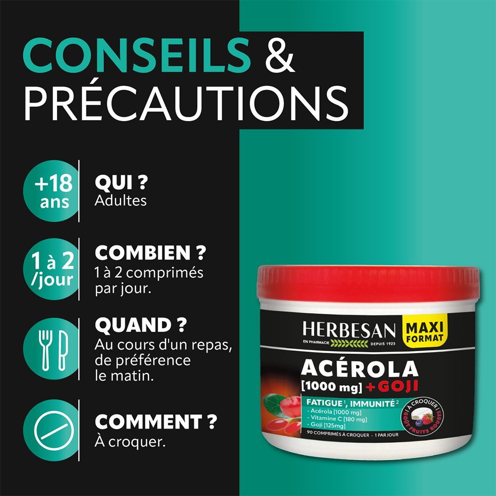 Herbesan® Acerola 1000 Goji, pot rouge. Informations sur la posologie et l'utilisation. Pour adultes.