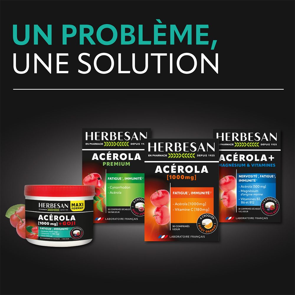 Différents produits Herbesan®. Pot Acerola 1000 Goji. Emballages avec noms et ingrédients.