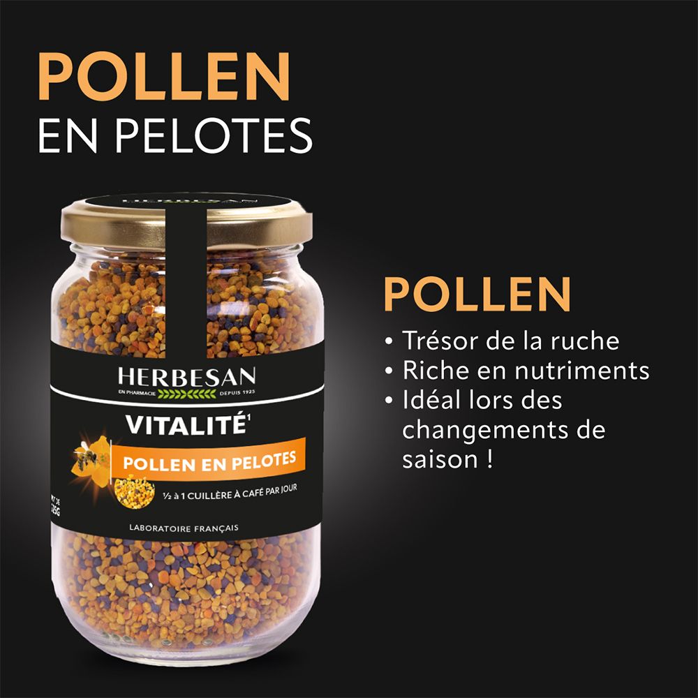 Schwarzer Hintergrund mit Pollen in Pellets. Text: Pollen, Schatz des Bienenstocks, reich an Nährstoffen, ideal für saisonale Veränderungen.