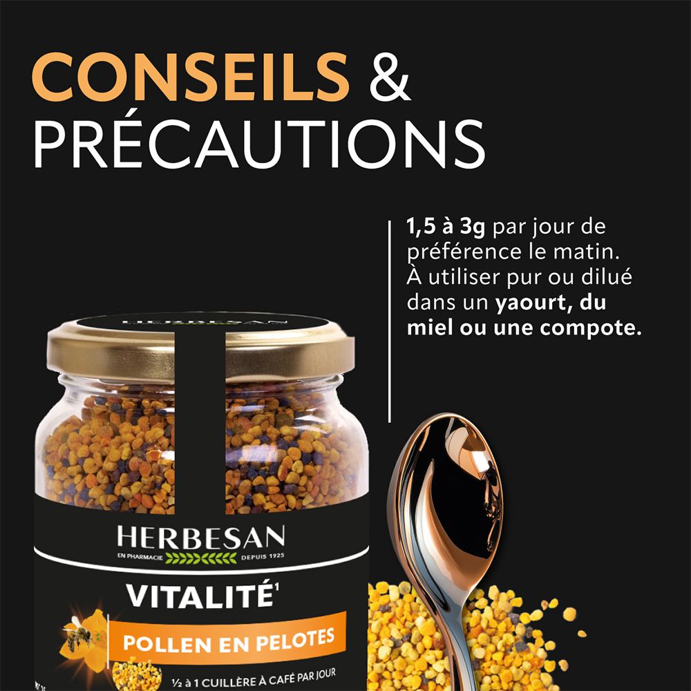 Glas mit Pollen und Löffel. Text: Tipps & Vorsichtsmaßnahmen. Dosierung: 1,5 bis 3g täglich, vorzugsweise morgens.