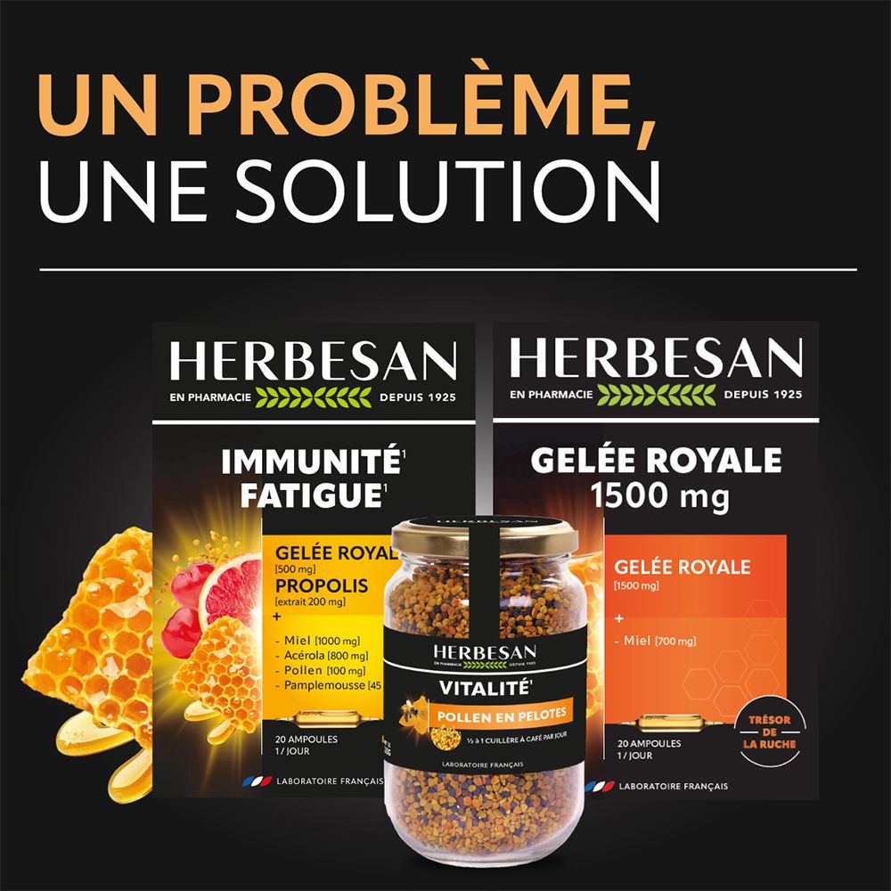 Schwarzer Hintergrund mit Produktabbildungen. Herbesan-Produkte: Immunität, Müdigkeit, Gelee Royale. Pollen in Pellets.