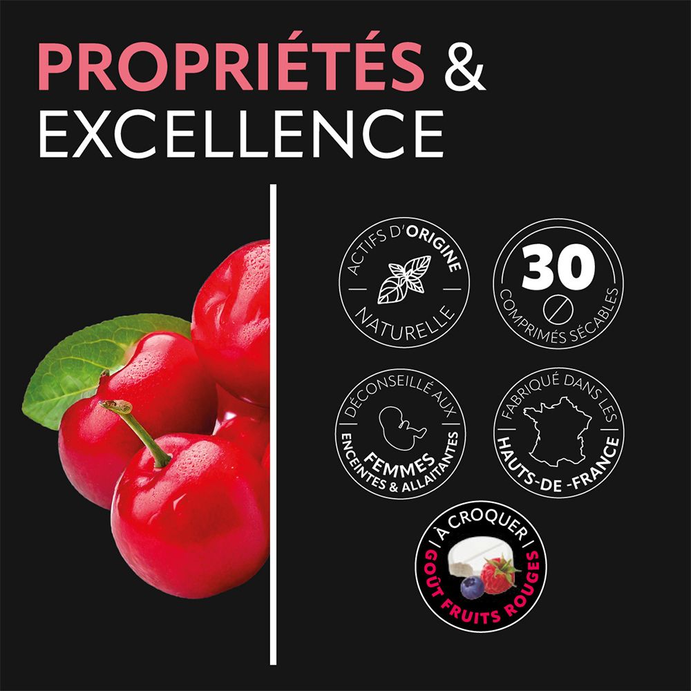 Schwarzer Hintergrund mit Acerola-Früchten und Logos. Zeigt Logos und Informationen über die Inhaltsstoffe und die Marke.