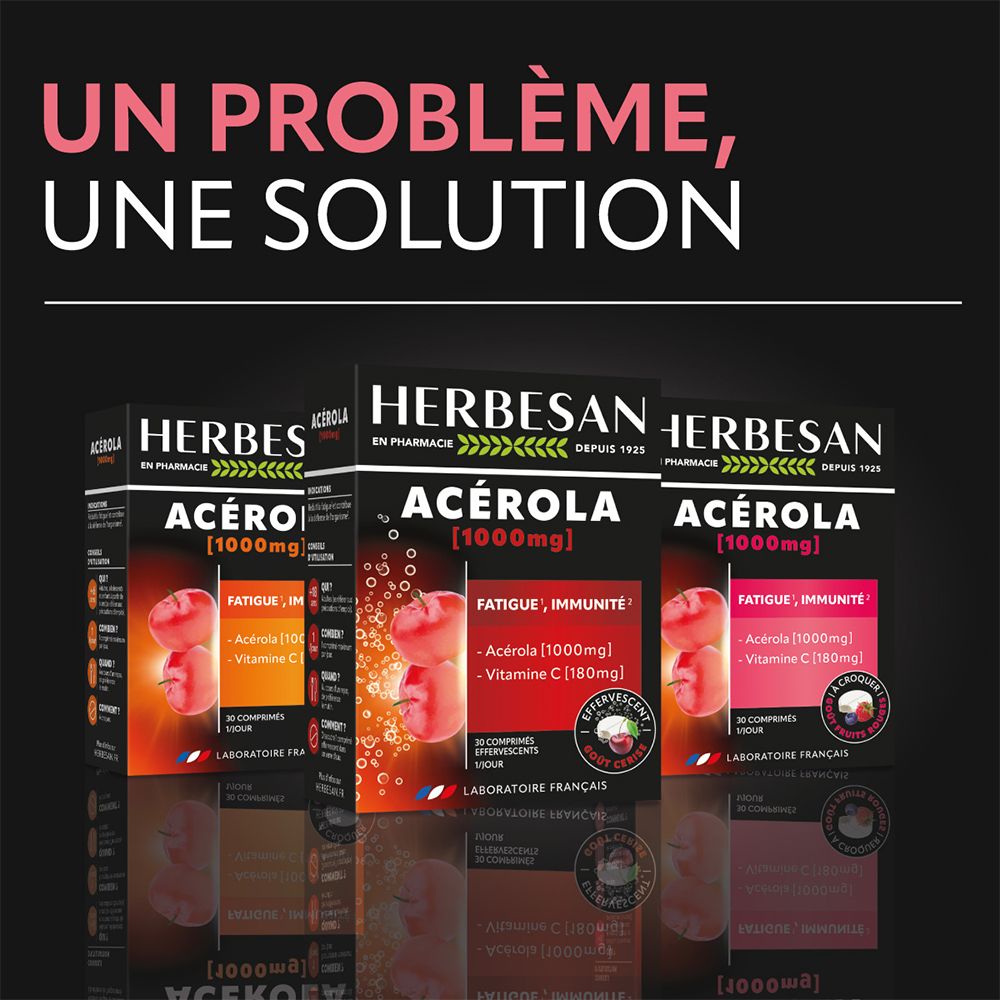 Drei HERBESAN® Acerola-Schachteln. Zeigen Produktinformationen und Verpackungsdesign. Enthält 30 Tabletten.