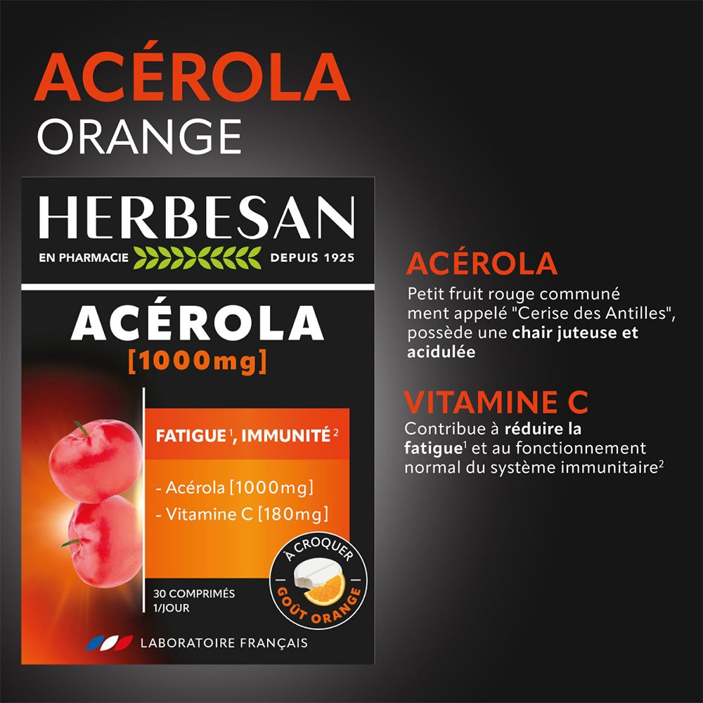 Herbesan Acerola 1000mg, fond noir. Image et texte du produit. Contient Acerola et Vitamine C. 30 comprimés, goût orange.