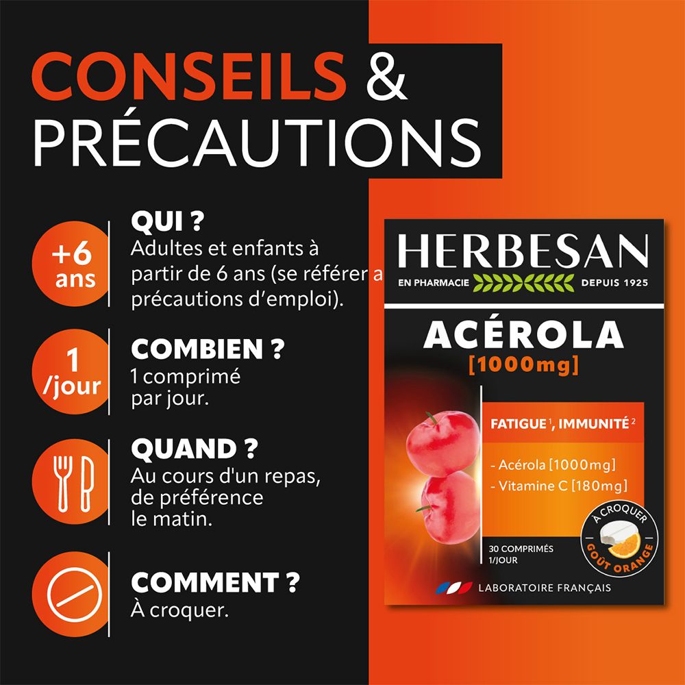 Herbesan Acerola 1000mg, fond orange. Contient des informations d'utilisation. 30 comprimés, goût orange. Pour enfants dès 6 ans.