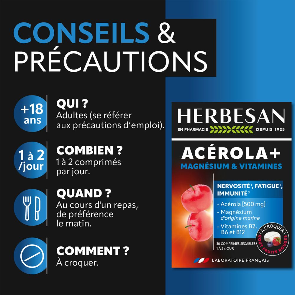 Boîte HERBESAN® Acérola + Magnésium + Vitamines. 30 comprimés. Conseils : 1 à 2 comprimés par jour.