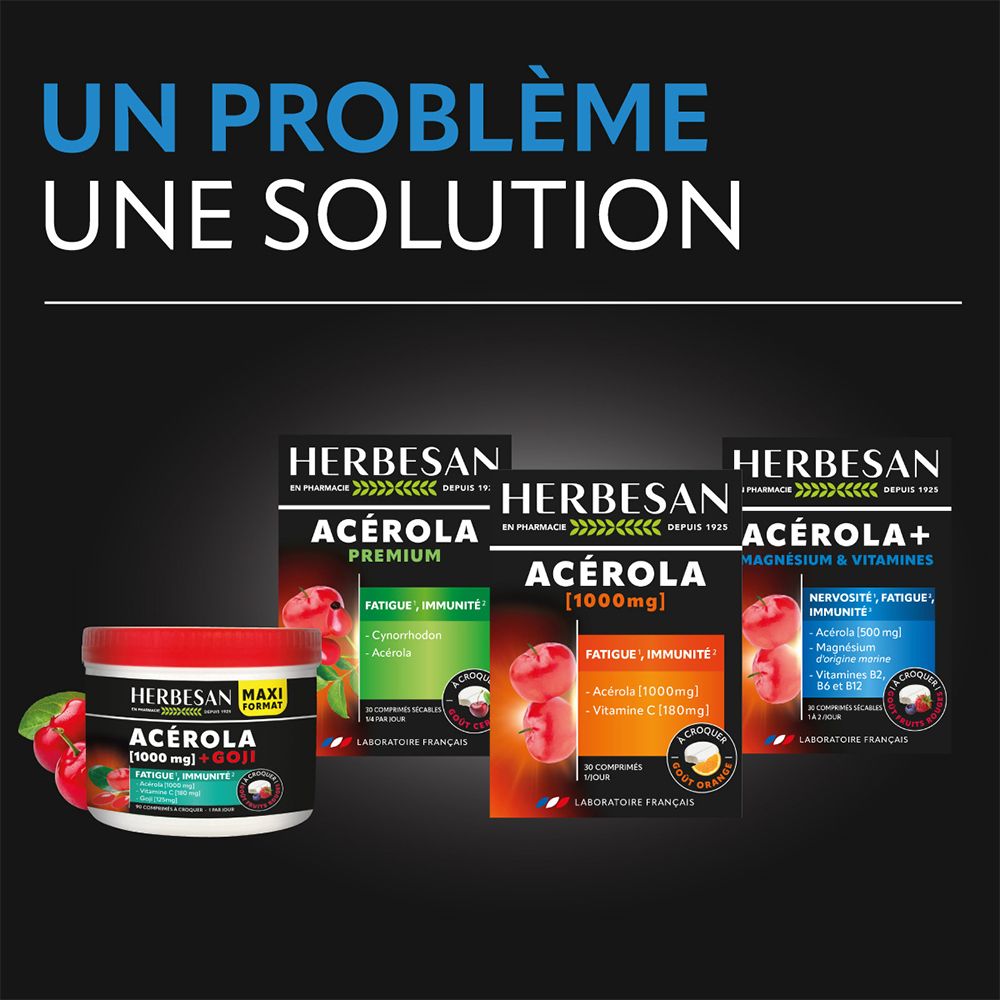 Plusieurs produits HERBESAN® : Acérola, Acérola Premium, Acérola + Magnésium + Vitamines. Fruits rouges.