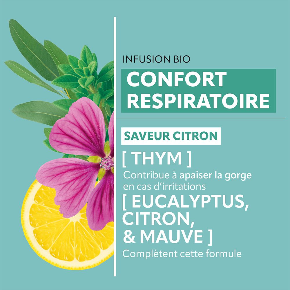 Infusion Bio Confort Respiratoire. Geschmack Zitrone. Enthält Thymian, Eukalyptus, Malve und Zitrone. Text in Französisch.