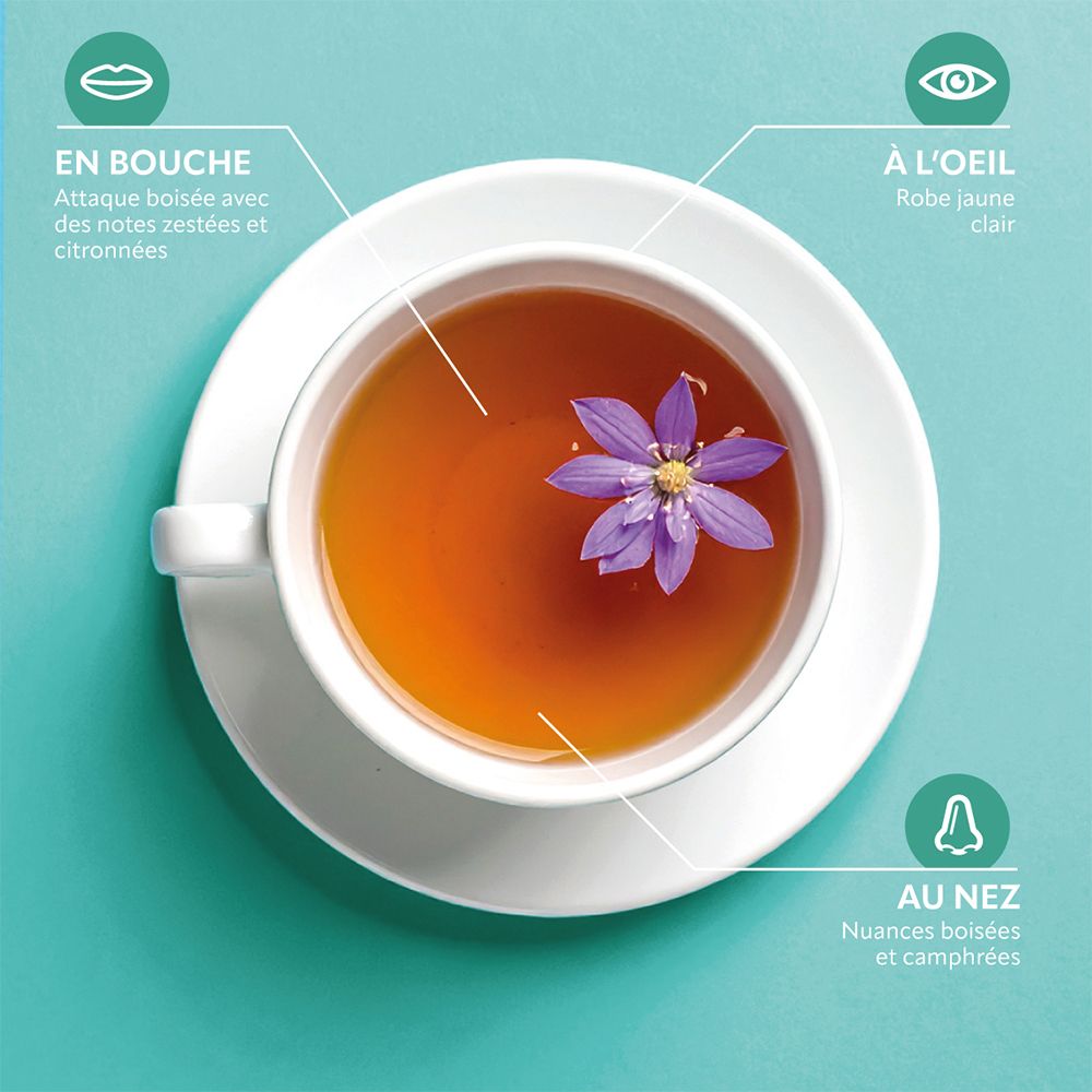 Tasse Tee. Aufdruck: En bouche, à l'oeil, au nez. Tee mit Blüte. Klarer Tee. Holzige und kampherartige Noten.