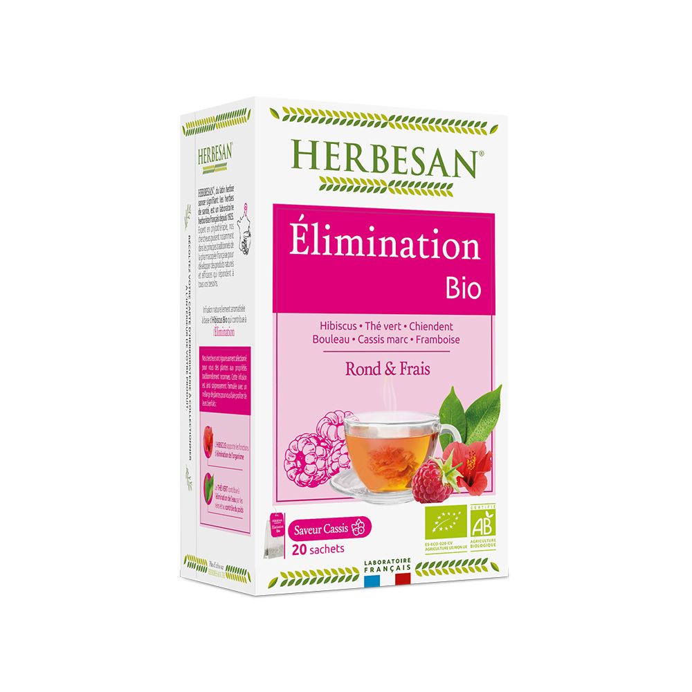 Herbesan Bio Kräutertee, Hibiskus, Himbeere, Zitrone. Karton mit 20 Beuteln. Französische Bio-Zertifizierung.