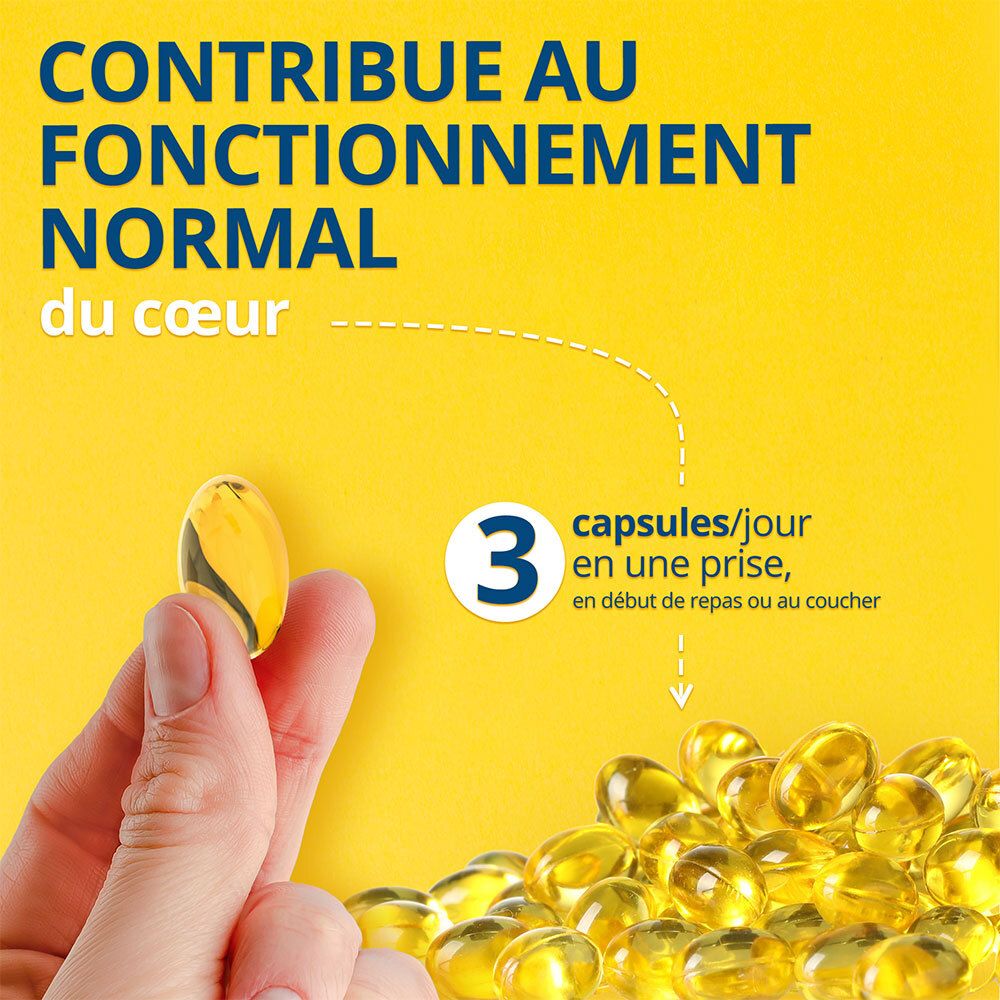 Hand hält Kapsel. Gelbe Kapseln im Hintergrund. Text: Contribue au fonctionnement normal du cœur.