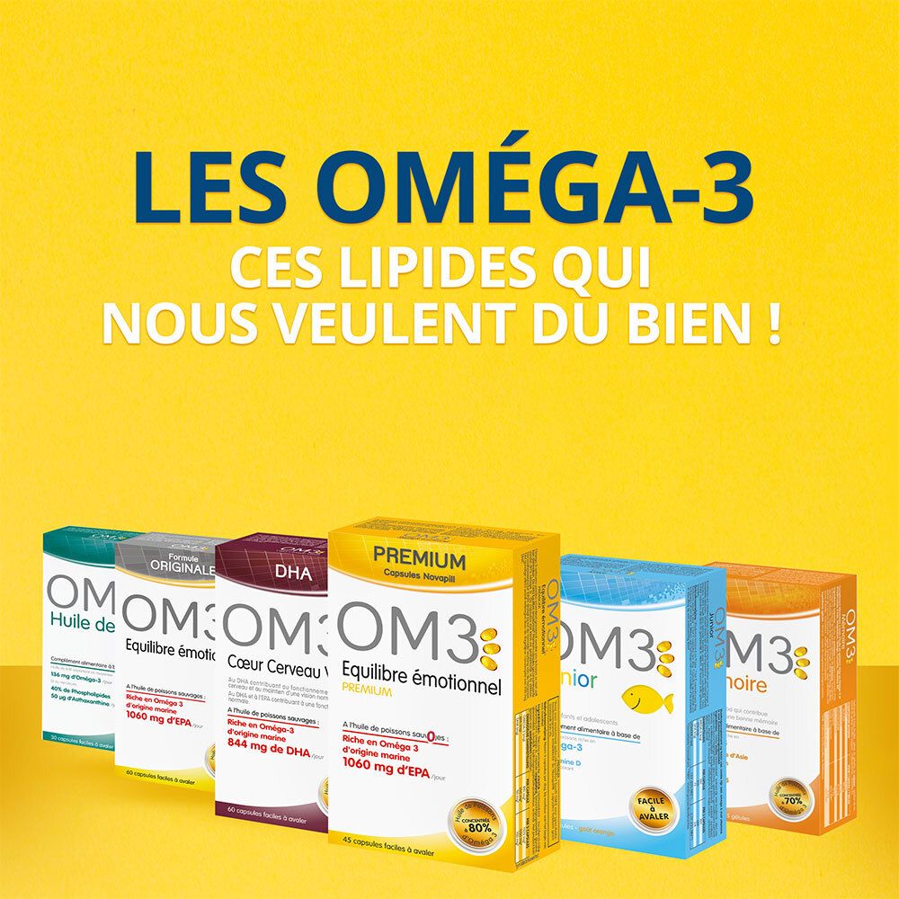 Reihe von OM3-Verpackungen. Verschiedene Geschmacksrichtungen. Text: Les Oméga-3, ces lipides qui nous veulent du bien!