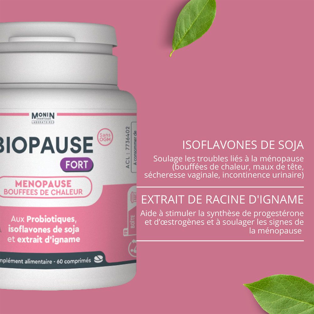 Flacon avec étiquette rose. Texte: BIOPAUSE FORT. Ménopause, bouffées de chaleur. Avec isoflavones de soja et extrait d'igname.
