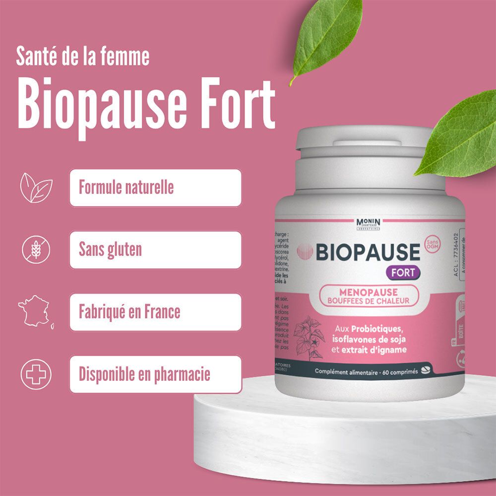 Flacon avec étiquette rose. Texte: BIOPAUSE FORT. Ménopause, bouffées de chaleur. Formule naturelle, sans gluten, fabriqué en France.