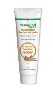 Tube Vétoquinol Care, Schriftzug und Illustration einer Katze. Aufschrift: Haarballen, Ergänzungsfuttermittel.