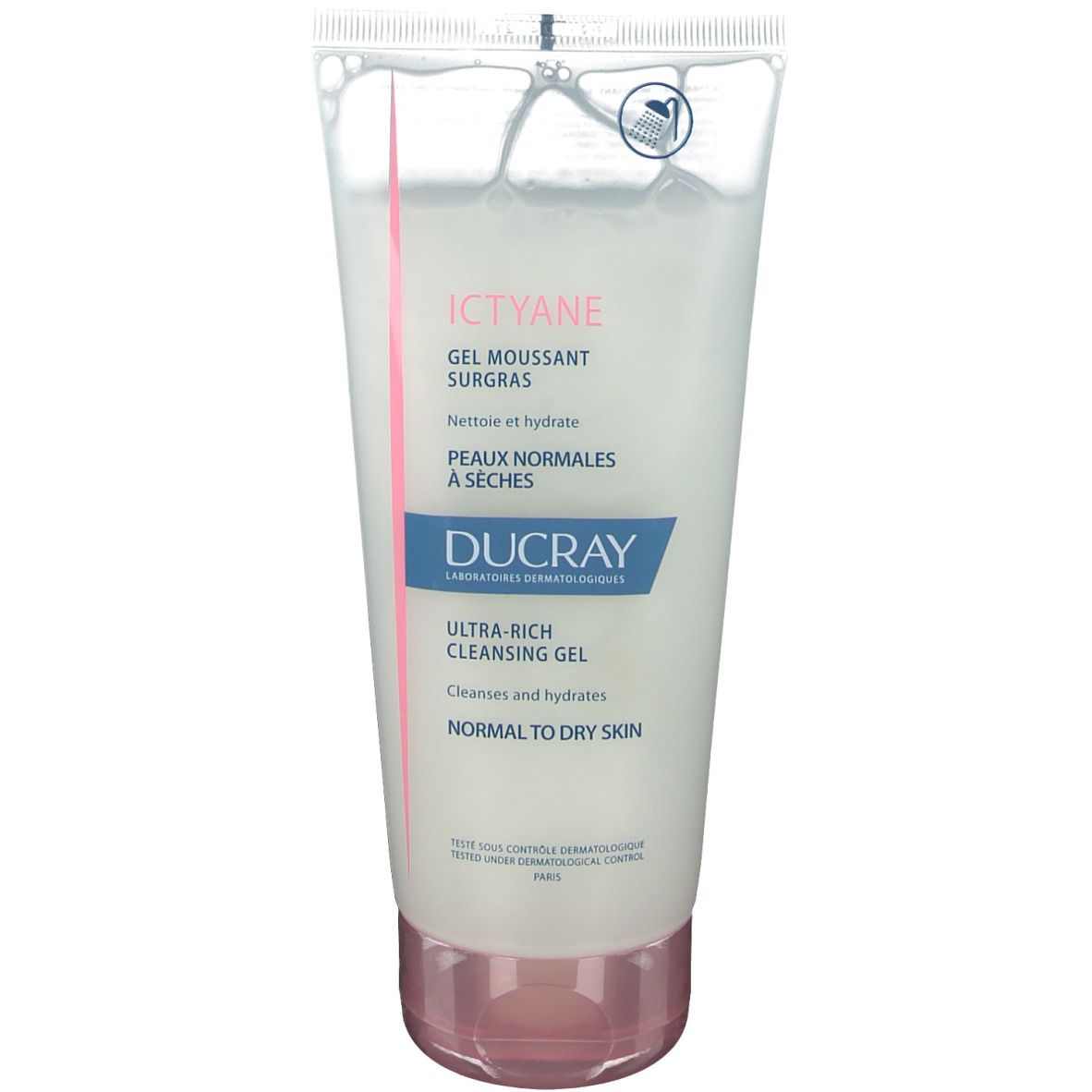 Durchsichtige Tube mit rosa Verschluss. Aufschrift: Ictyane, Gel moussant surgras, Peaux normales à sèches, Ducray.