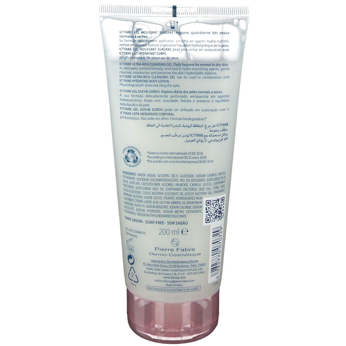 Rückseite der Tube. Enthält Text und Inhaltsstoffe. Logo von Pierre Fabre. Volumen: 200 ml.