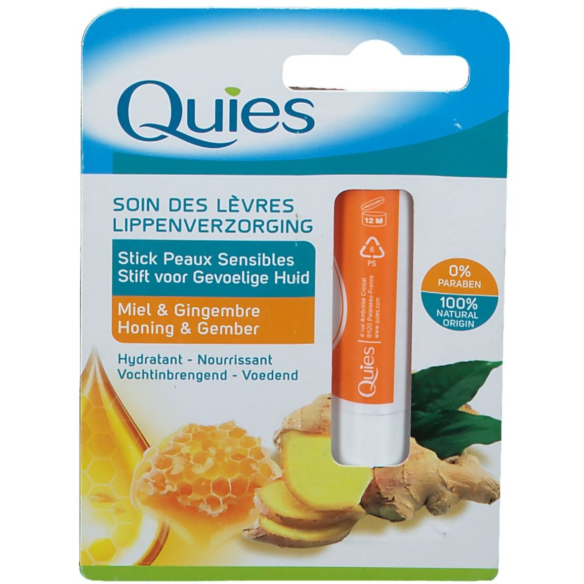 Verpackung mit Lippenpflegestift. Produktname und Inhaltsstoffe sind aufgedruckt. Honig und Ingwer Abbildung.