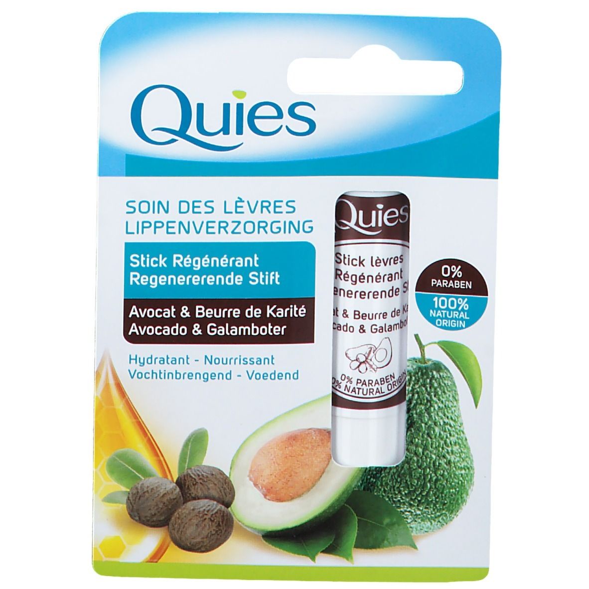 Quies Lippenpflegestift mit Avocado & Karitébutter in Blisterverpackung. Avocado- und Sheabutter-Abbildung. 0% Paraben, 100% natürliche Herkunft.
