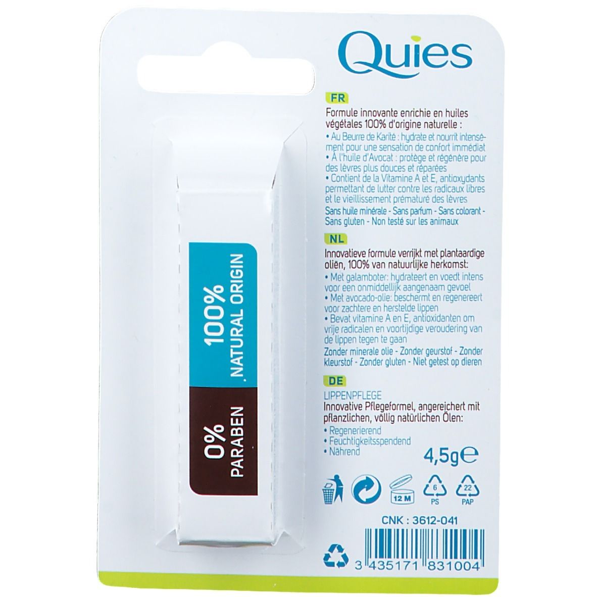 Rückseite der Quies Lippenpflege. Text: 0% Paraben, 100% natürliche Herkunft. 4,5g. Inhaltsstoffe. Recycling-Symbole.
