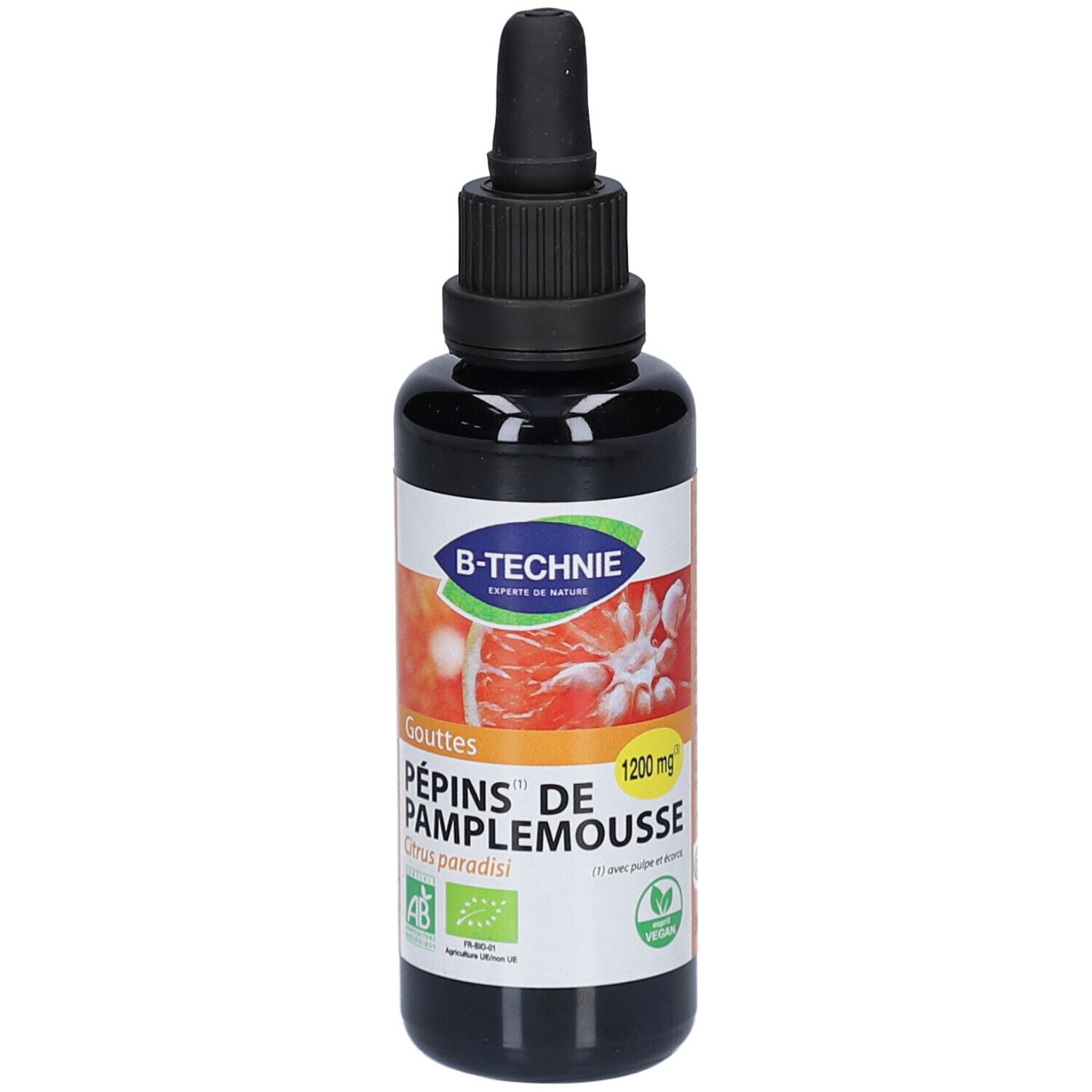 Flacon brun avec bouchon noir et compte-gouttes. Étiquette avec informations produit et logo. Label vegan.