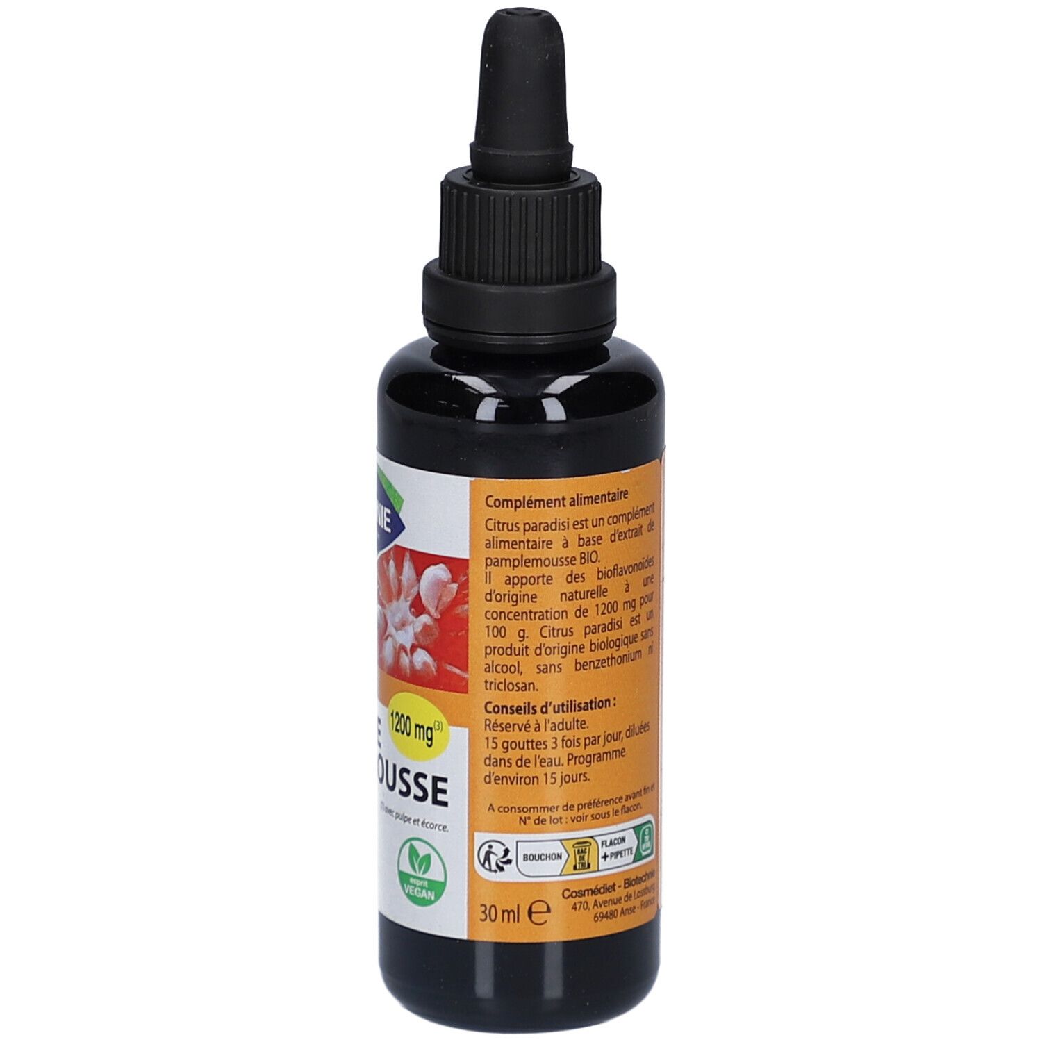 Flacon brun avec bouchon noir et compte-gouttes. Étiquette avec informations produit, dosage et logo. Label vegan.