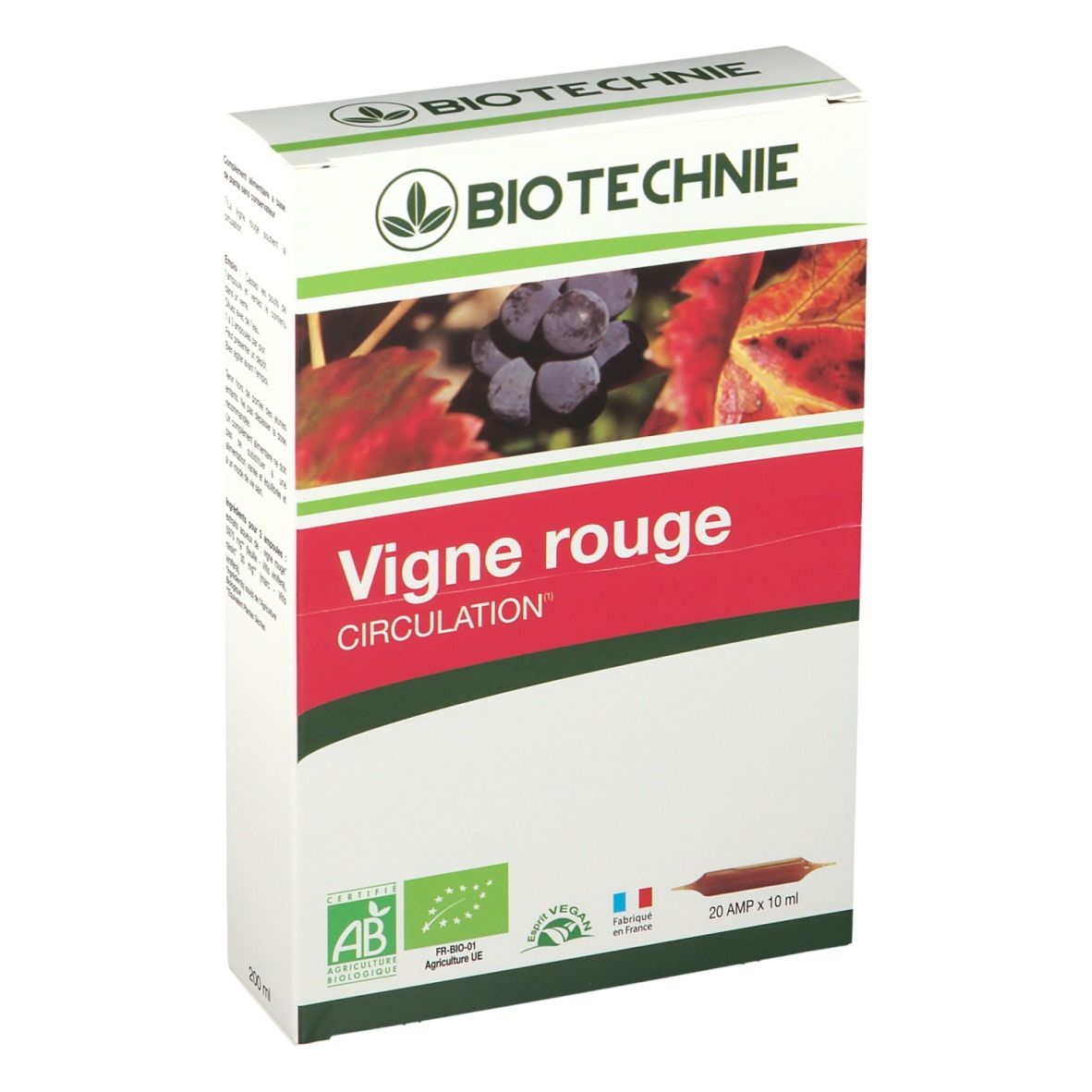 Karton BIOTECHNIE. Aufschrift: Vigne rouge Circulation. Mit AB-Bio-Siegel, Vegan-Siegel und Frankreich-Flagge. 20 Ampullen.