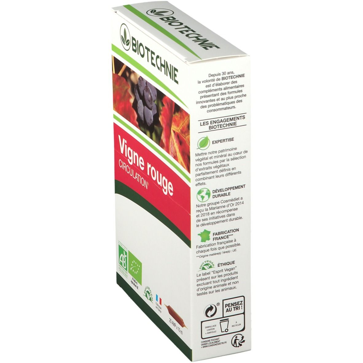 BIOTECHNIE-Karton. Aufschrift Vigne rouge Circulation. Rückseite mit Text und Logos. Enthält 20 Ampullen.