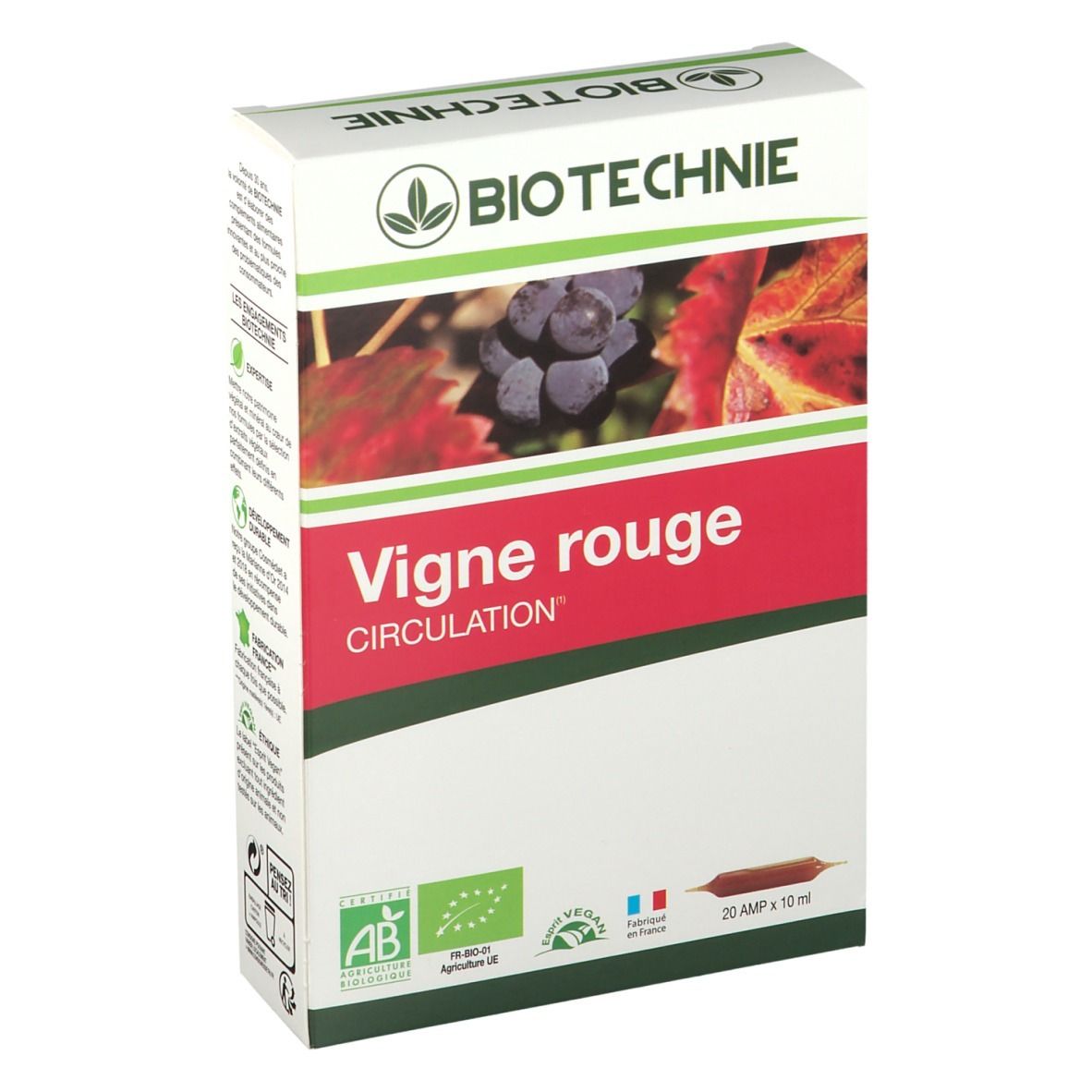 BIOTECHNIE-Karton. Aufschrift Vigne rouge Circulation. Mit AB-Bio-Siegel, Vegan-Siegel und Frankreich-Flagge. 20 Ampullen.