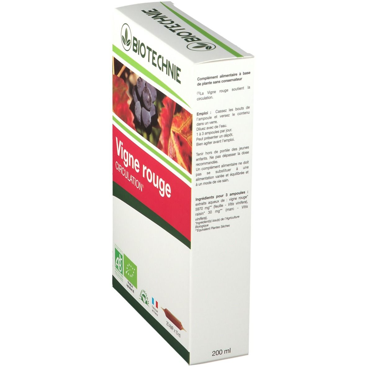 BIOTECHNIE-Karton. Aufschrift Vigne rouge Circulation. Rückseite mit Text. Enthält 20 Ampullen.