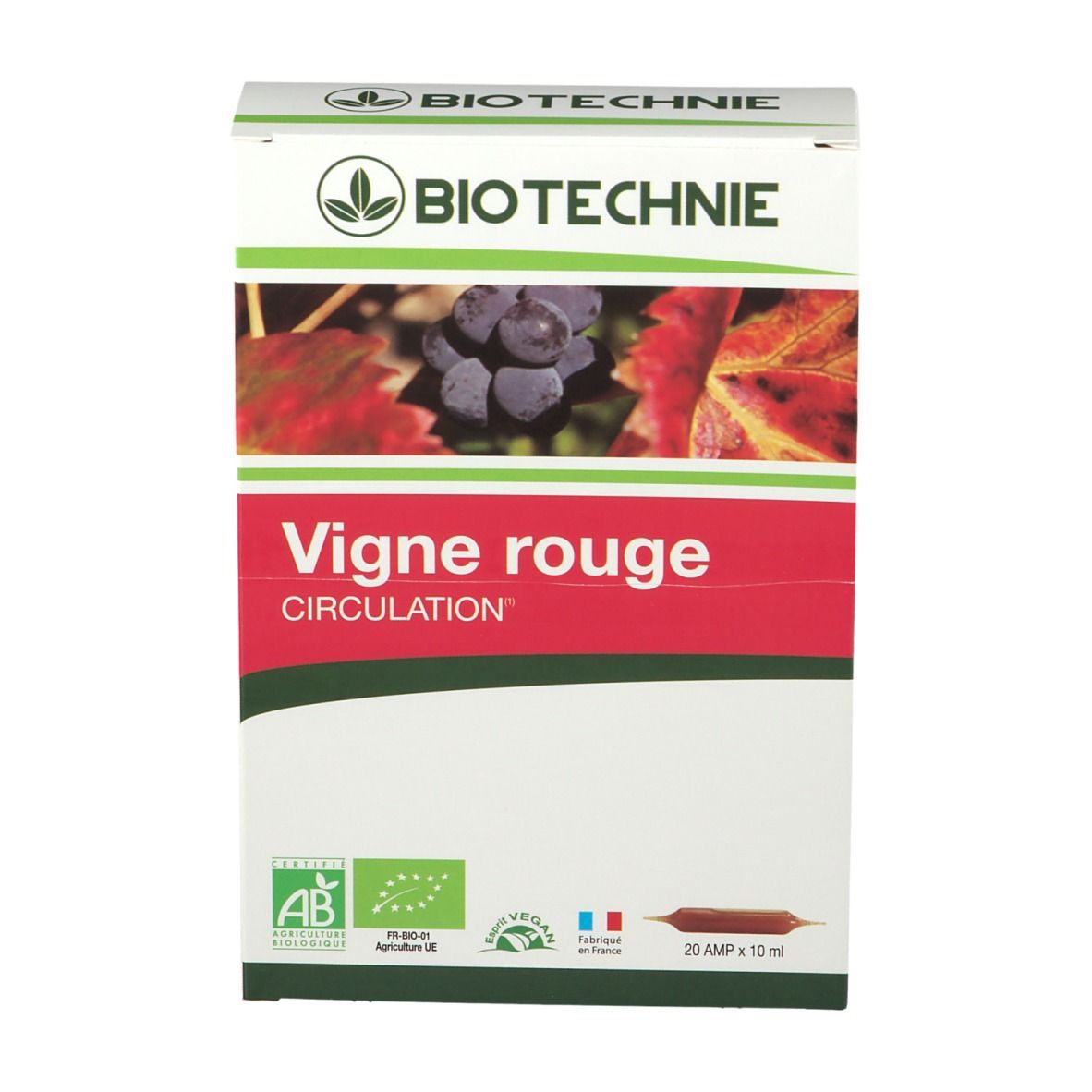 BIOTECHNIE-Karton. Aufschrift Vigne rouge Circulation. Mit AB-Bio-Siegel, Vegan-Siegel und Frankreich-Flagge. 20 Ampullen.