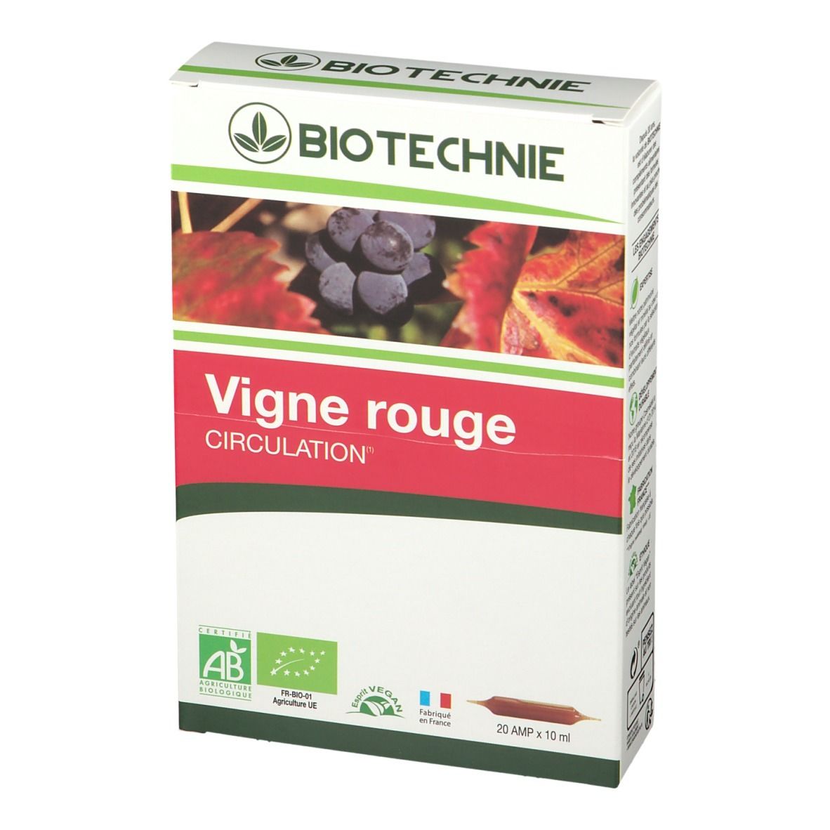 BIOTECHNIE-Karton. Aufschrift Vigne rouge Circulation. Mit AB-Bio-Siegel, Vegan-Siegel und Frankreich-Flagge. 20 Ampullen.