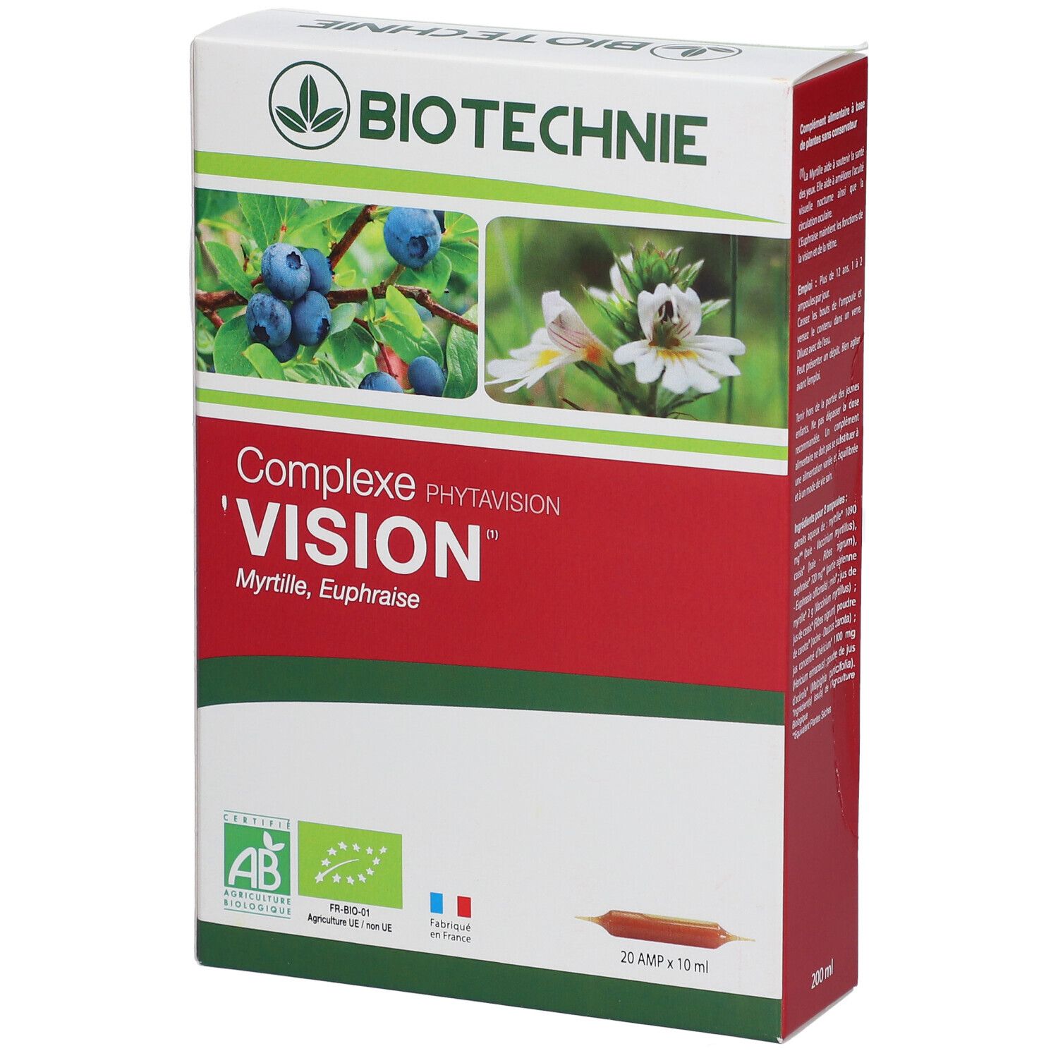 Boîte BIOTECHNIE Phytavision Vision. Myrtilles et fleurs illustrées. Drapeau français et label AB.