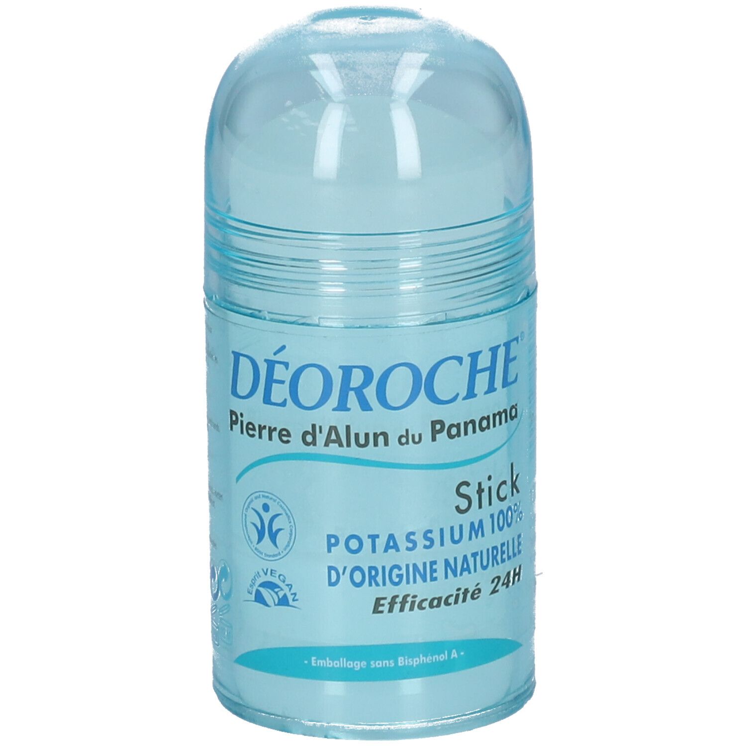 Stick déodorant avec bouchon bleu. Inscription: DÉOROCHÉ, Pierre d'Alun du Panama, Stick, Potassium 100% d'origine naturelle, Efficacité 24H.