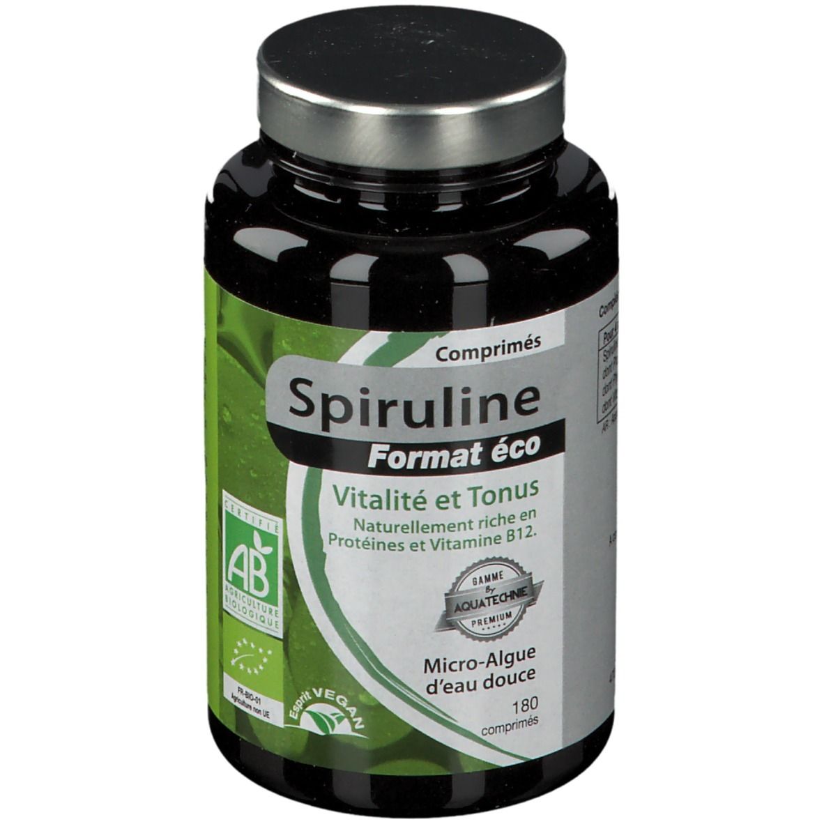 Dunkle Flasche mit Spiruline-Tabletten. Aufschrift: Spiruline Format éco, Vitalität und Tonus. Mit AB-Bio-Zertifizierung.
