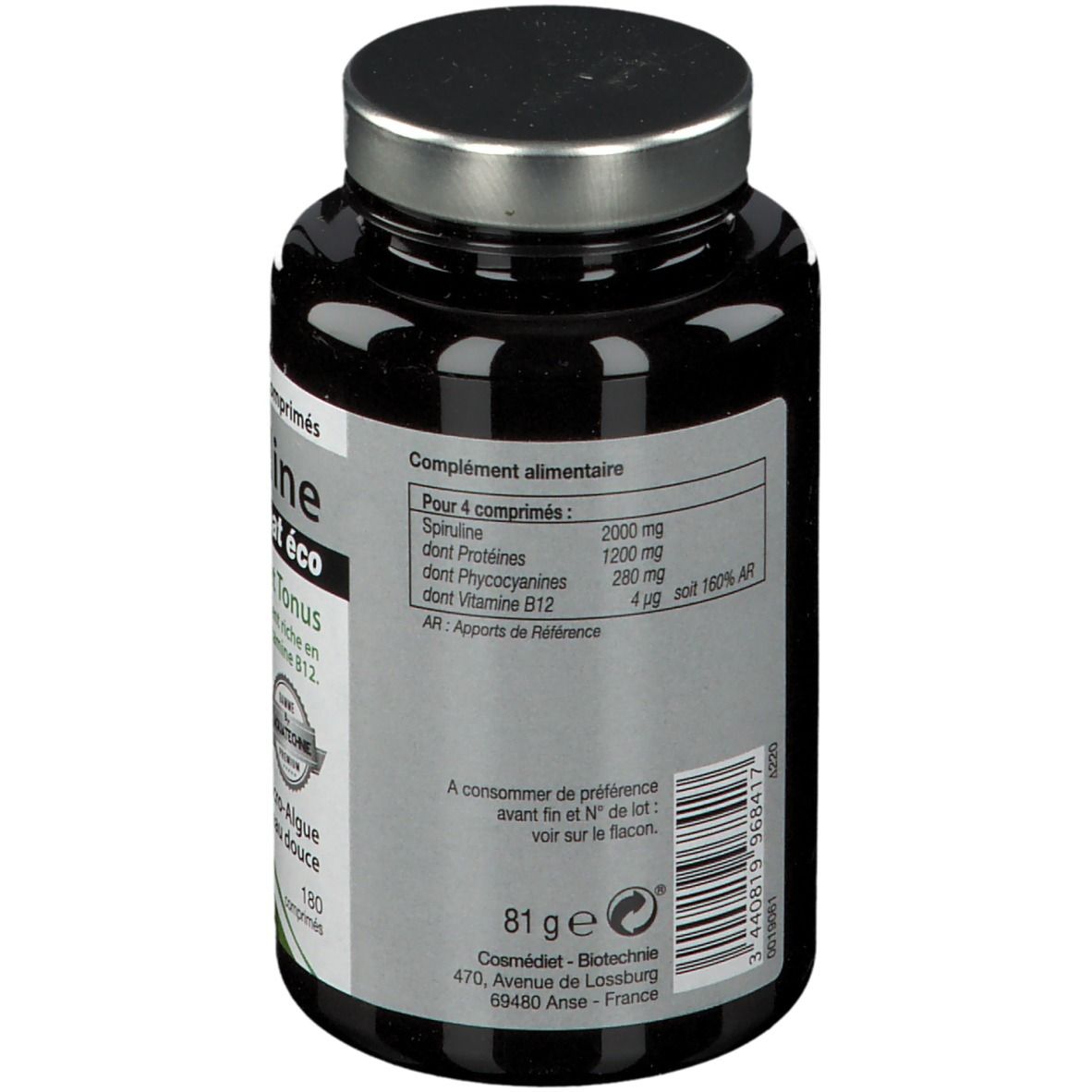 Rückseite der Spiruline-Flasche. Nährwertangaben für 4 Tabletten. Gewicht: 81g. Herstelleradresse. Barcode.