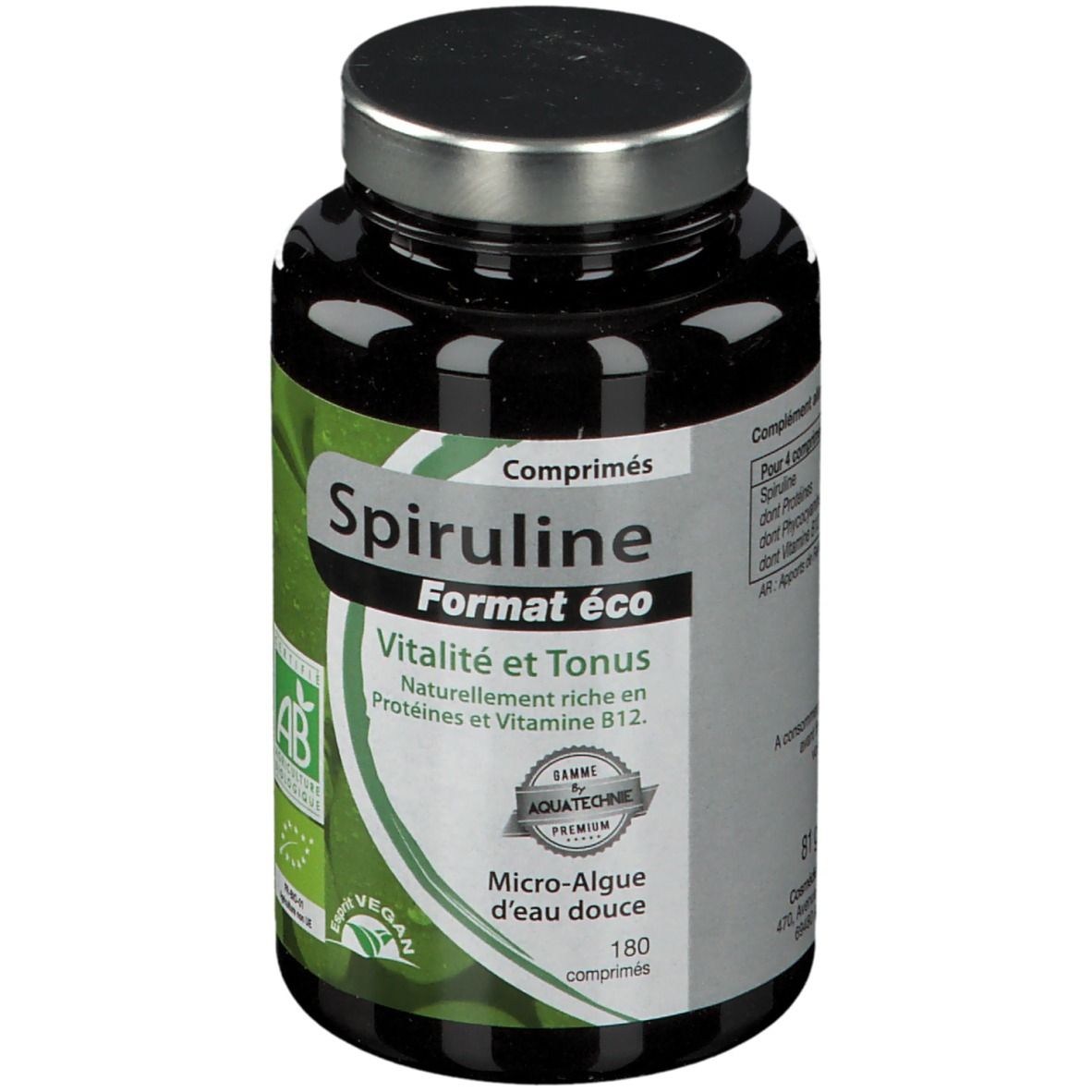 Dunkle Flasche mit Spiruline-Tabletten. Aufschrift: Spiruline Format éco, Vitalität und Tonus. Mit AB-Bio-Zertifizierung.