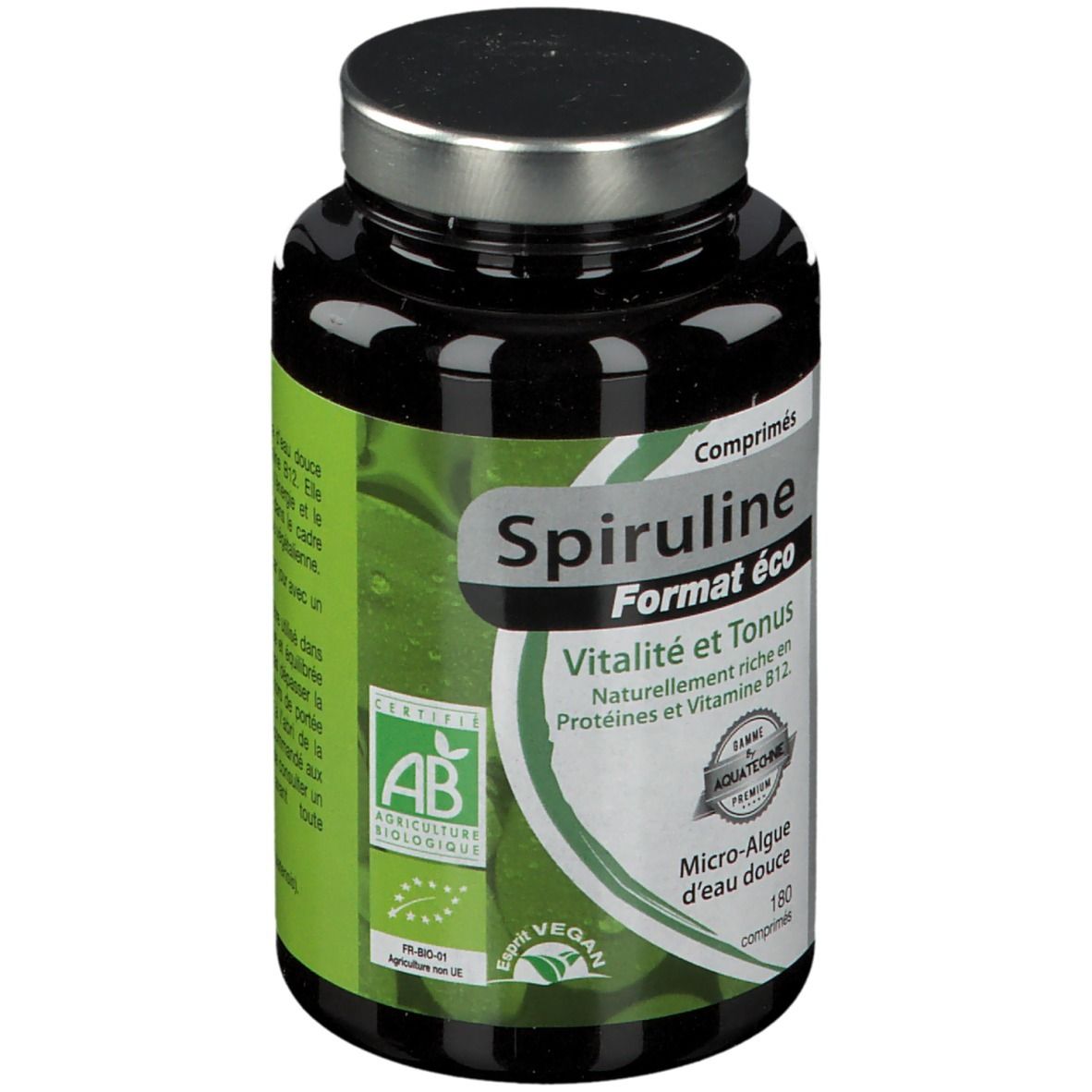 Dunkle Flasche mit Spiruline-Tabletten. Aufschrift: Spiruline Format éco, Vitalität und Tonus. Mit AB-Bio-Zertifizierung.