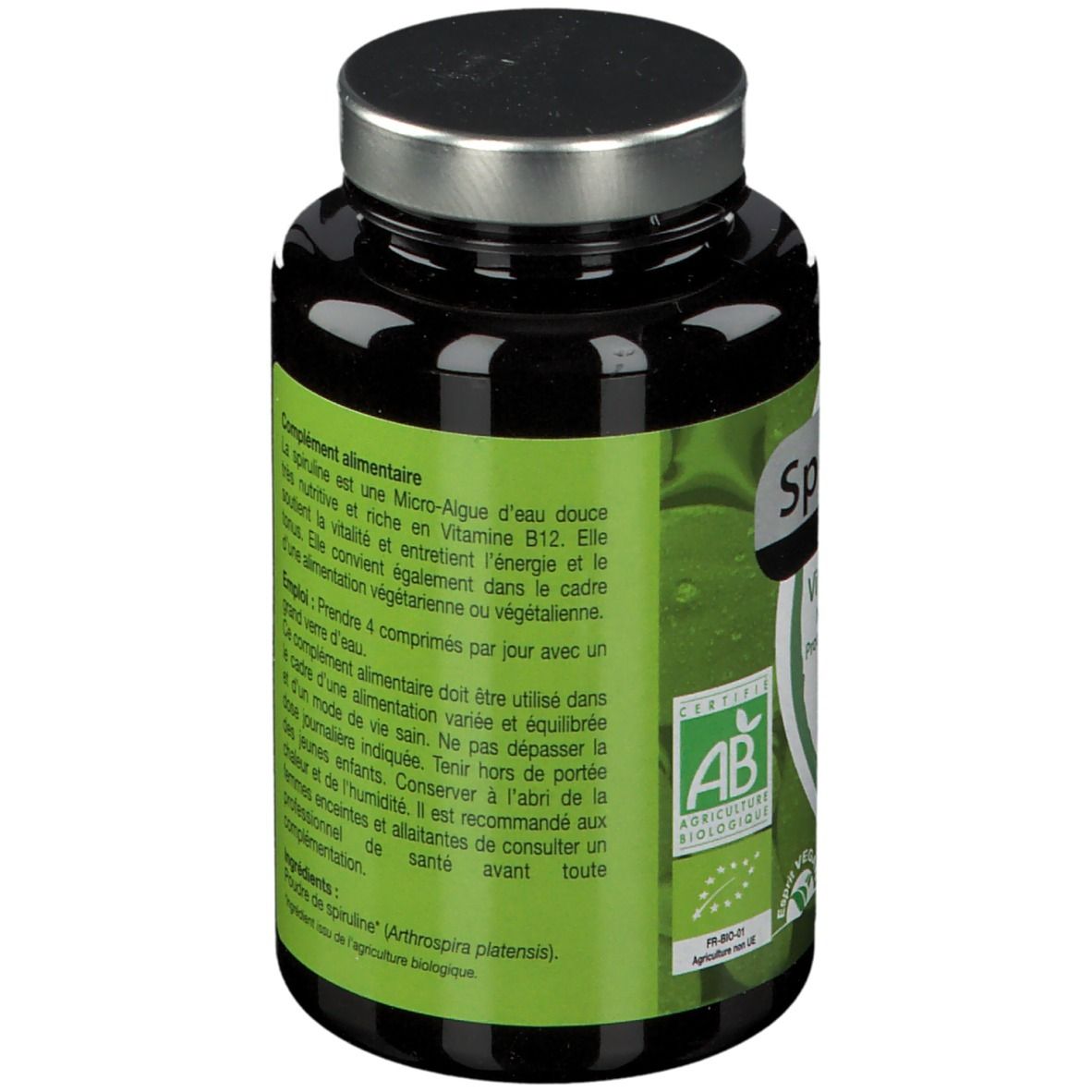 Rückseite der Spiruline-Flasche. Text: Anwendung, Inhaltsstoffe. AB-Bio-Zertifizierung. Schwarzer Deckel.