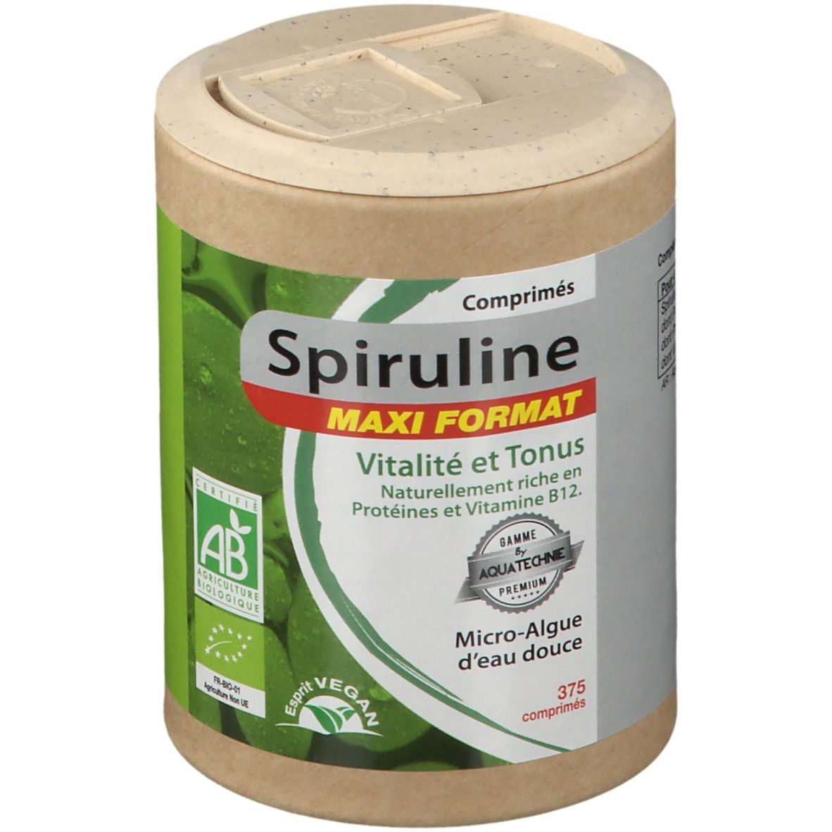 Zylindrische Dose mit Spiruline-Tabletten. Aufschrift: Spiruline, Maxi Format, Vitalität und Tonus. Bio-Zertifizierung.