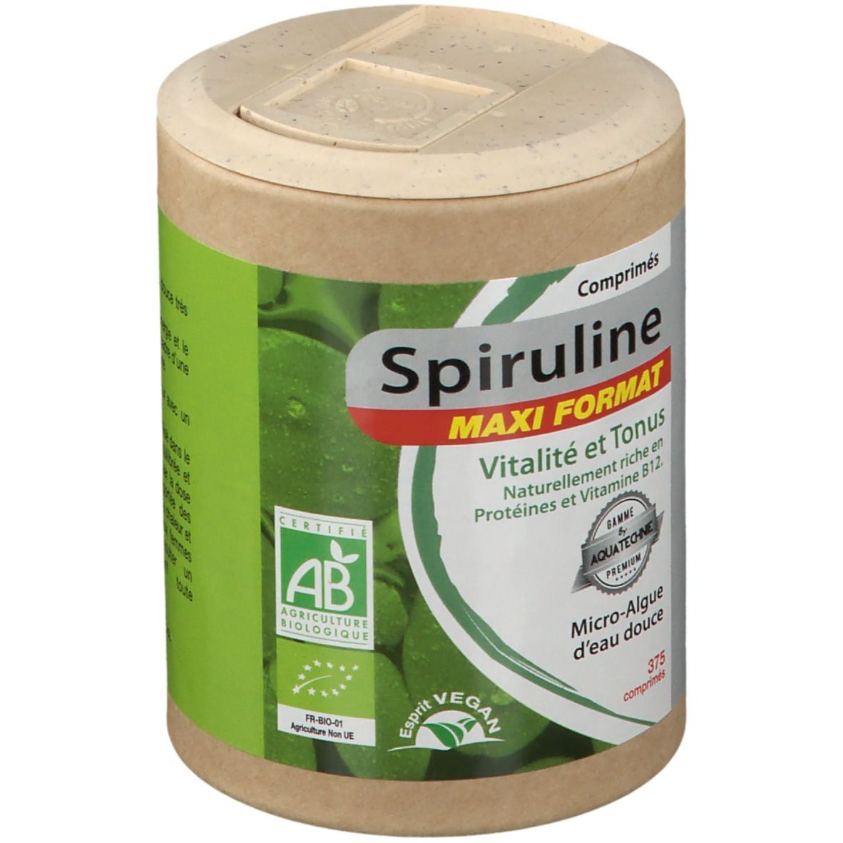 Vorderansicht der Spiruline-Dose. Aufschrift: Spiruline, Maxi Format, Vitalität und Tonus. Bio-Zertifizierung.