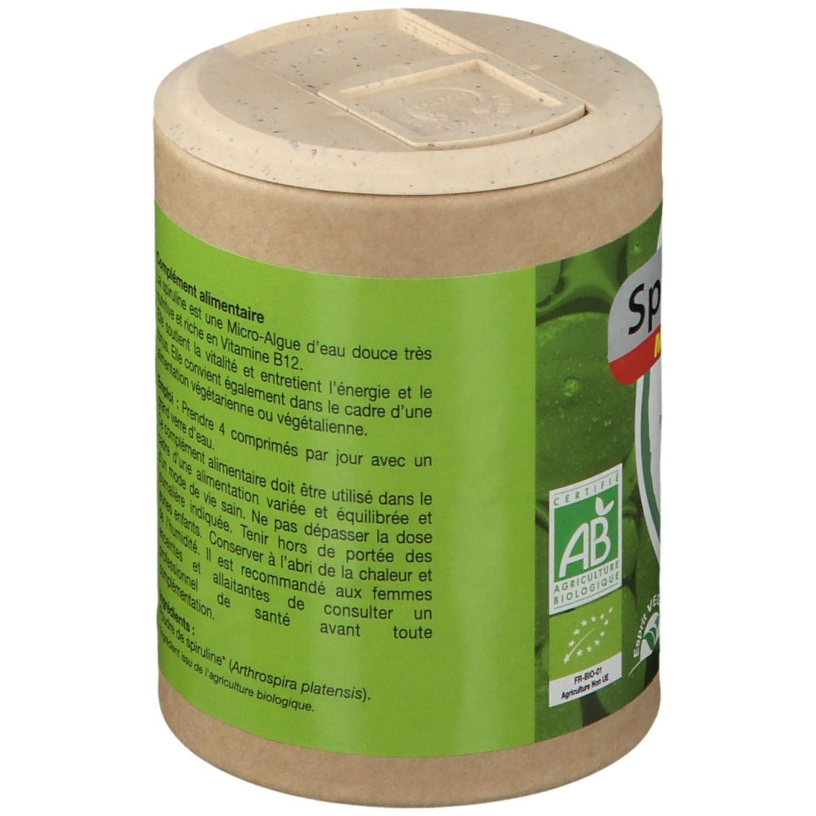 Seitenansicht der Spiruline-Dose. Enthält Informationen über die Inhaltsstoffe und die Verwendung.